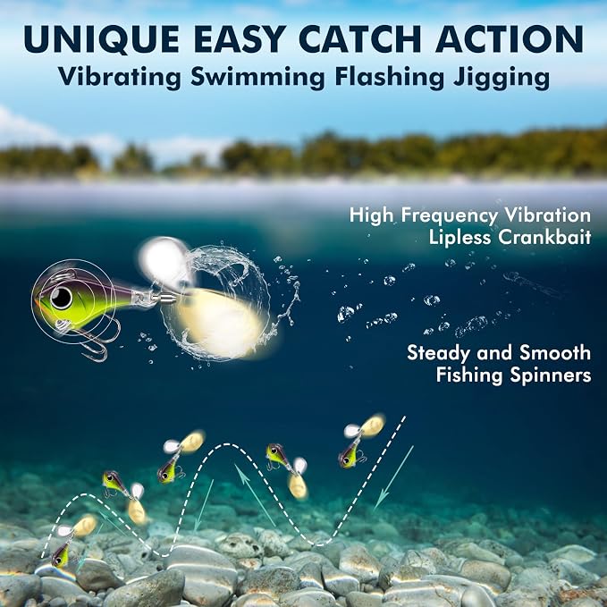 TRUSCEND Vibespinner Easy Catch Fishing Lures with BKK Hooks, Tail Spinner Baits with 4 Actions, Vibrating Swimming Flashing & Jigging for More Bites, Spoon Lures for Bass Trout Crappie Walleye Pike