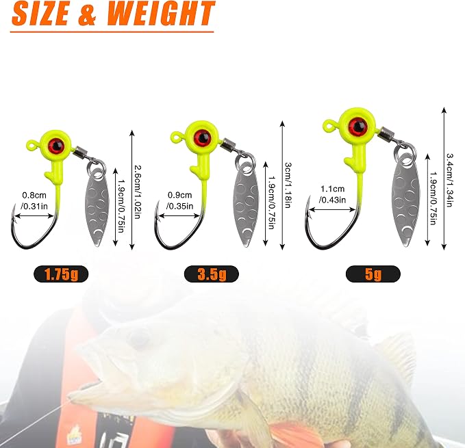 Crappie Jig Heads Fishing Lures Kit, 15pcs Underspin Jig Heads with Spinner Blade Crappie Lures Eye Ball Head Painted Fishing Jigs for Bass, Trout, Panfish, Sunfish