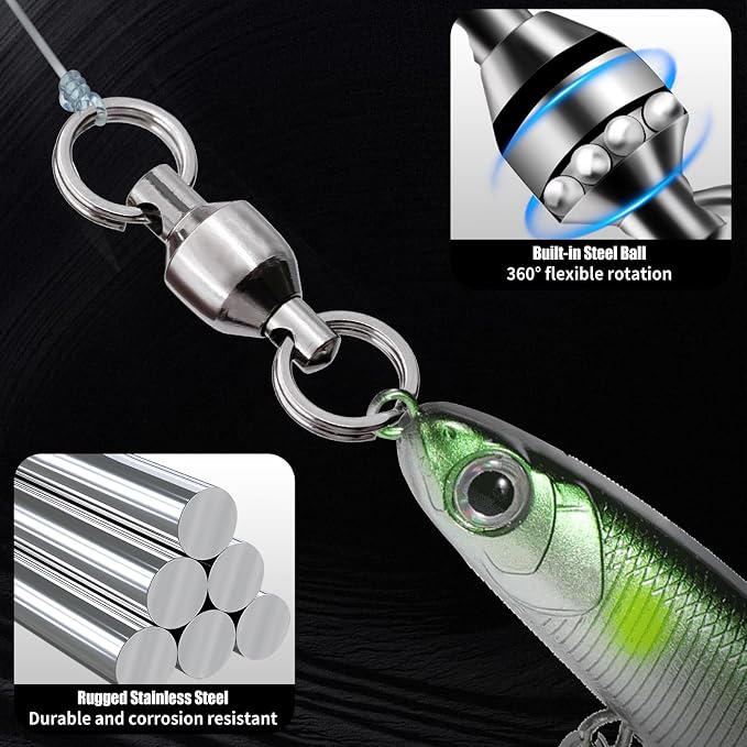 FishTrip Fishing Swivels with Split Rings, 25/50pcs Ball Bearing Swivel Speed Clips Stainless Quick Change Connector for Saltwater