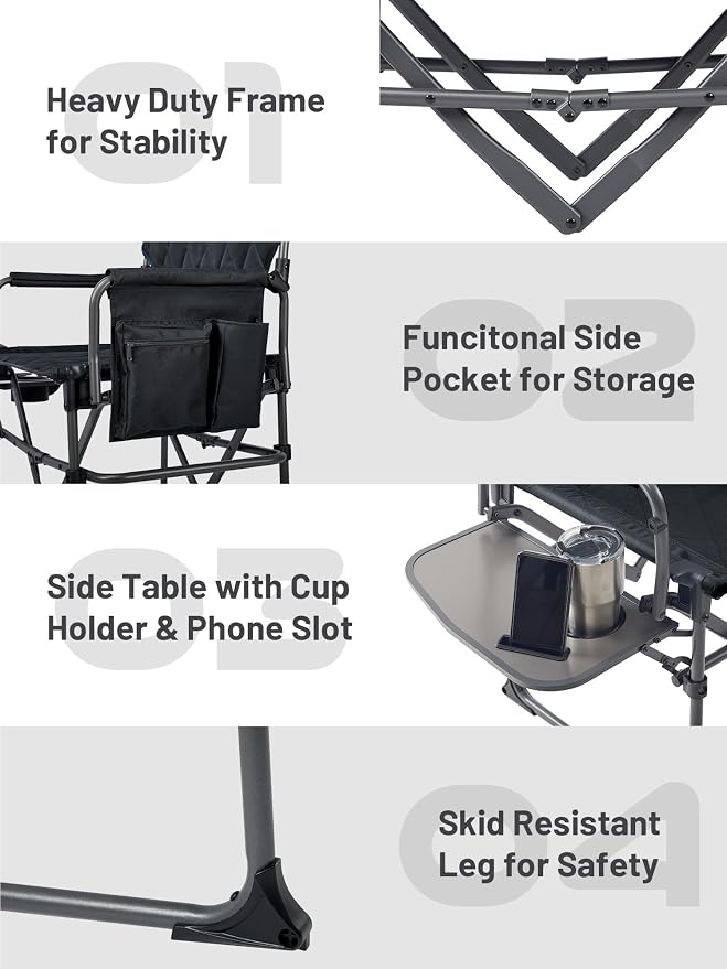 TIMBER RIDGE Heavy Duty Camping Chair with Compact Size, Portable Directors Chair with Side Table and Pocket for Camping, Lawn, Sports and Fishing, Supports Up to 400lbs, Black