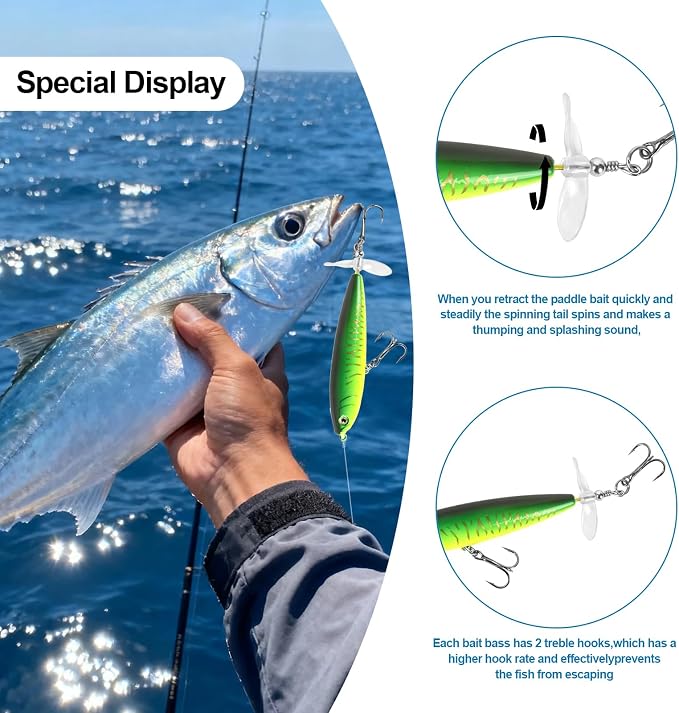 Whopper Fishing Lure for Bass：Popper Top Water Fishing Lures with Floating Rotating Tail Barb Treble Hooks Saltwater Freshwater Plopping Lures Kit