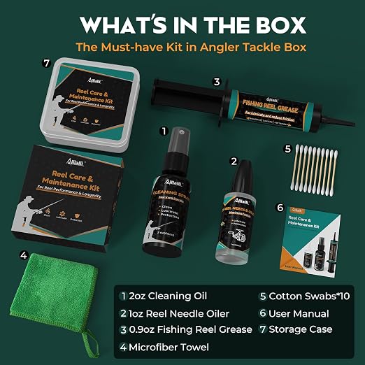 Fishing Reel Oil Kit - Reel Care Kit with 1oz Needle Oiler, 0.9oz Reel Grease, 2oz Cleaning Oil for Lubricate, Protect & Clean - Fishing Gear Maintenance Cleaning Set for Father’s Day