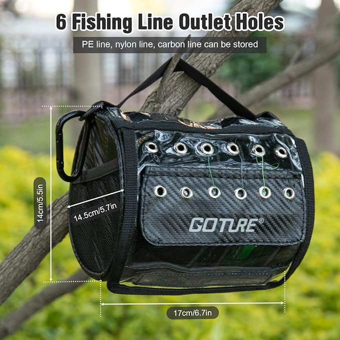 Goture 3/6 Outlet Holes Fishing Line Storage Bag, 2 Sizes Clear View Window Fishing Line Case, Removable Divider Fishing Line Organizer, Water-Resistant Surface, Tangle-Free Leader Line Spool Bag