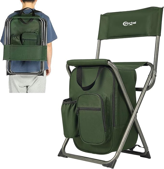 Portal Backpack Cooler Chair Fishing Chairs with Backrest Folding Camping Stool Compact for Outdoors Hiking Hunting Travel, Supports 225 lbs Capacity