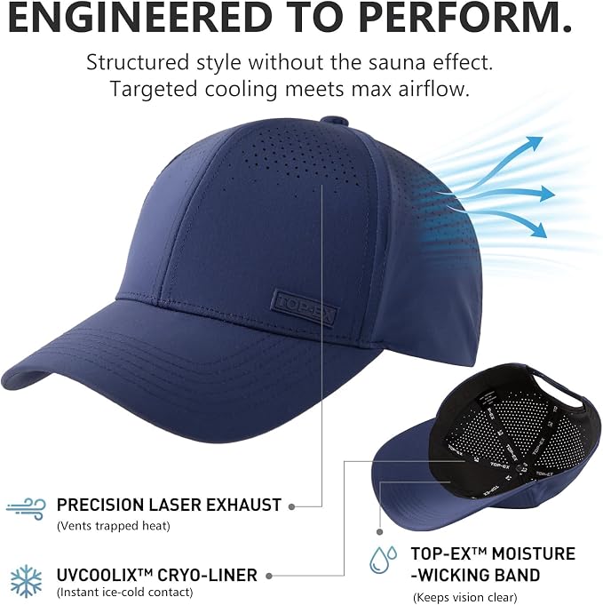 TOP-EX Performance Baseball Cap Water-Resistant Beathable Golf Running Cap Laser Cut Mesh Ball Curved Brim Snapback Hat