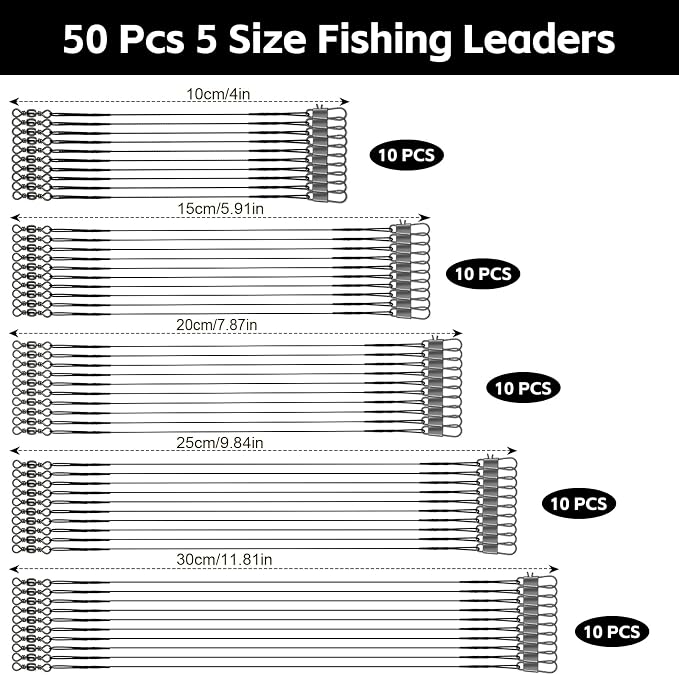 DONQL 50pcs Fishing Leaders, Stainless Steel Fishing Wire Traces Pike Fishing, 10/15/20/25/30cm Anti-Bite Fishing Wire Trace Leaders with Rolling Swivels and Snaps for Bait Rigs Saltwater