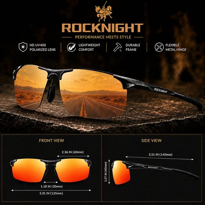 ROCKNIGHT Polarized Rectangular Sunglasses for Men Driving UV400 Protection Lightweight Al‑Mg Frame