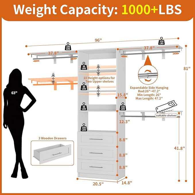 Closet System with 3 Drawers, 4-8FT Custom Closet Organizer System Modular with Adjustable Shelves for Walk in Closets with 3 Expandable Rods, Wood Built In Closet Storage System Heavy-Duty, White
