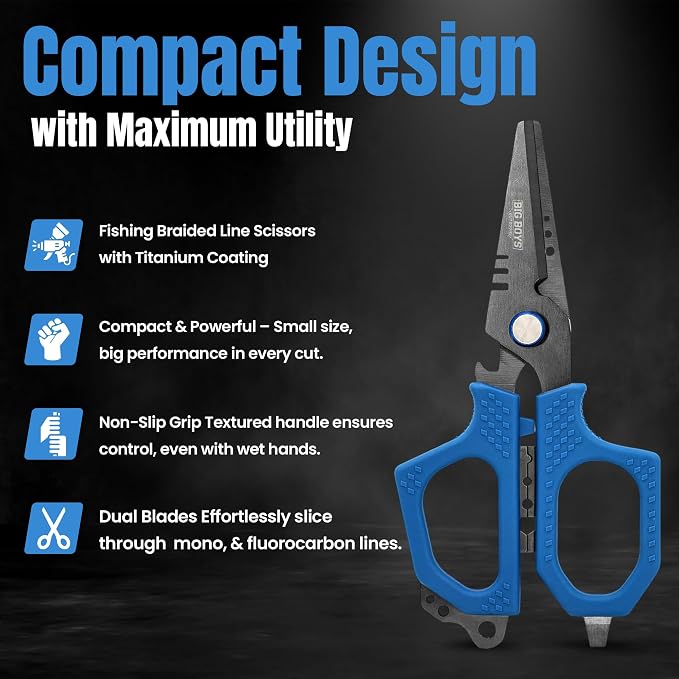 Fishing Shears with Serrated Blades and Blue Grip – Multi-Function Shears for Cutting Line, Crimping, Scaling, Outdoor Tackle Use