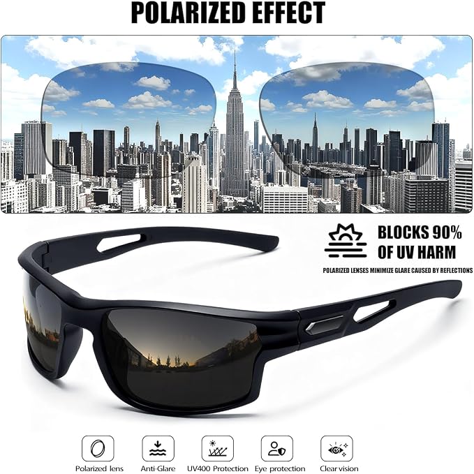 Polarized Sports Sunglasses for Men UV400 Protection, Lightweight Wrap Around Sun Glasses for Fishing Cycling Running