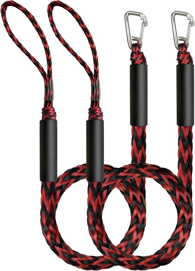 Boat Accessories 4Feet Boat Bungee Dock Lines (2 Pack) with 30cm Extended Loop Shock Absorbing, 316 Stainless Steel Clip & Floating Foam, Mooring Lines for Boats, Jet Ski, Pontoon(Red+Black)