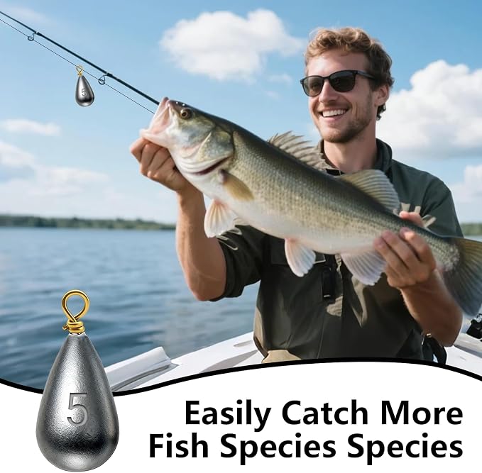 Casting Sinker Weights Assortment, Teardrop Fishing Sinkers with Brass Swivel Loops, 1/8 oz to 3/4 oz, Drop Shot Weights for Bass Catfish, Freshwater Saltwater