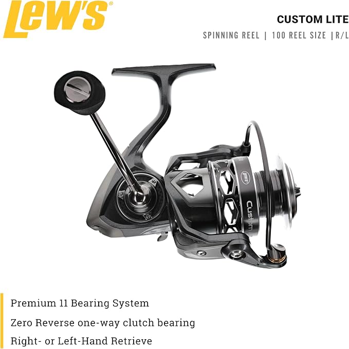 Lew’s Custom Lite Spinning Fishing Reel, 10+1 Stainless Steel Ball Bearings, Size 100 Reel, 5.6:1 Gear Ratio, Right or Left-Hand Retrieve, Carbon Grey