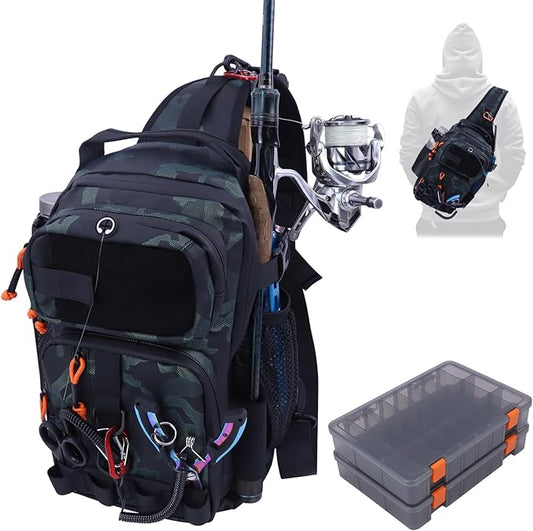 Fishing Backpack Tackle Storage Bag with 2 Tackle Boxes, Lightweight Outdoor Water-Resistant Fish Shoulder Bag with Rod Holder-Store Fish Gear for Fishing(Green)