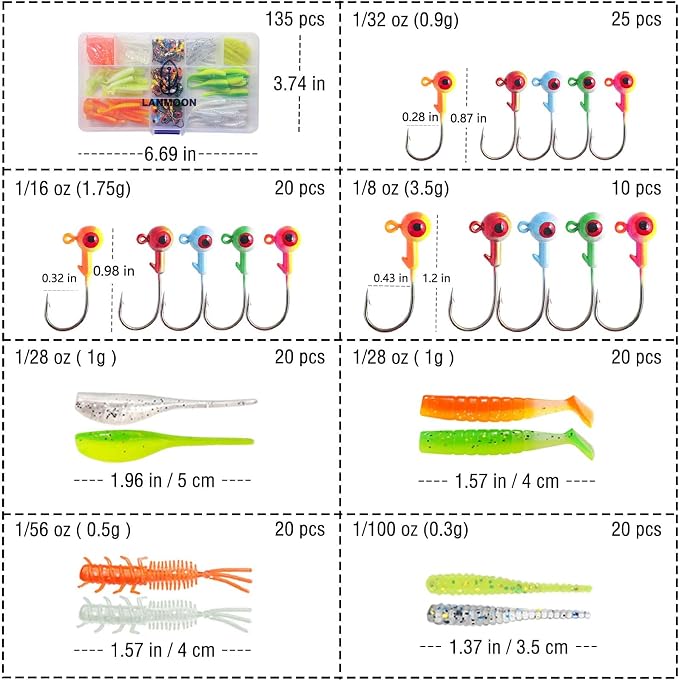 135 PCS Crappie Lures Kit - Crappie Jig Heads Fishing Hooks for Soft Plastic Lures for Trout Bass Walleye Bluegill Perch Catfish