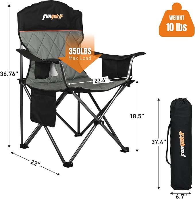 Heavy Duty Fully Padded Camping Chairs 350LBS Capacity Portable Chair Folding Chair with Cooler Bag and Cup Holder for Outdoor,Sports,Beach,Fishing, Hiking, Travel, Picnic, Backyard1PC