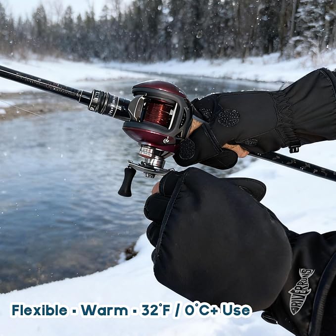 Riverruns Winter Fishing Gloves Convertible Mittens and Fingerless Gloves for Men Women, Ideal for Ice Fishing, Photography, Hunting, Outdoor Use