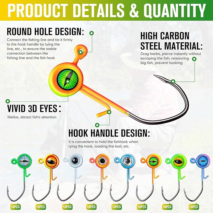 Vinsot Crappie Jig Heads 1/4oz 1/8oz 3/8oz 1/16oz 1/32oz Fishing Jig Hooks Simulation Fish Eye Ball Hook Bulk for Crappie Bass Trout Lures Gift