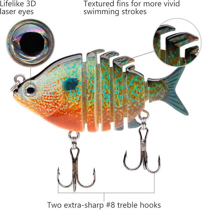 Bassdash SwimPanfish 0.34oz Hard Swimbaits Multi Jointed Topwater Trout Bass Fishing Crank Lure for Freshwater and Saltwater