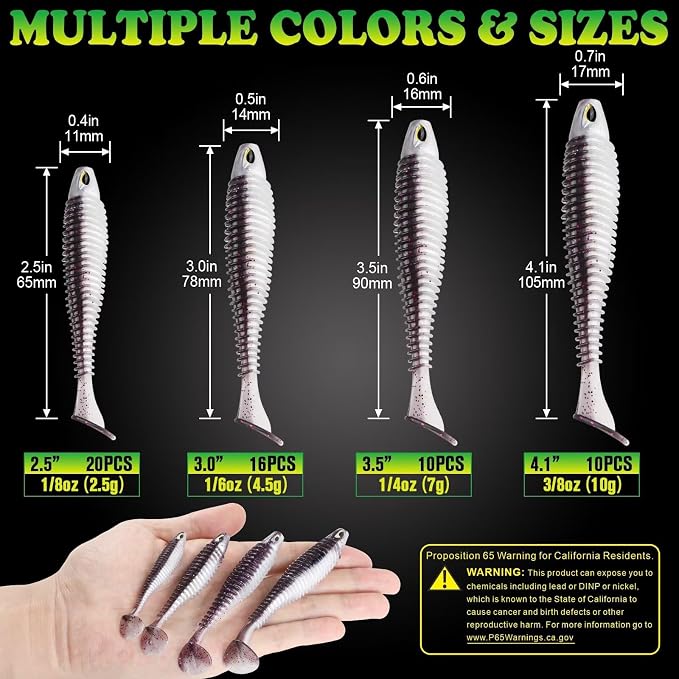 LUCKYFISHING Paddle Tail Swimbaits 10/16/20 PCS Fishing Lures Soft Plastic Lures for Trout Crappie Walleye Soft Baits for Bass Fishing Freshwater Saltwater 4.1/3.5/3/2.5 Inch