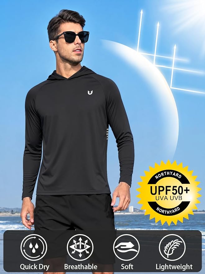 NORTHYARD Men's UPF 50+ Rash Guard Hoodie Long Sleeve Sun Protection Shirt Fishing Swim Beach Hiking Quick Dry Lightweight