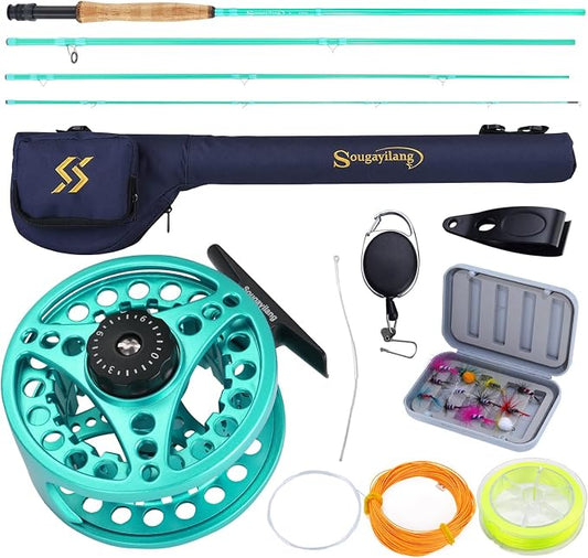 Sougayilang Fly Fishing Combo, 4 Piece Fly Rod and CNC Machined Aluminum Alloy Reel Complete Starter Package with Rod Bag