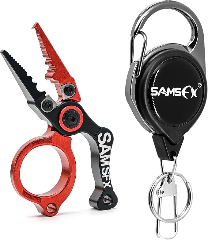 SAMSFX Mini Fishing Pliers with Fly Fishing Zinger Retractor, Fish Hook Remover Tool, Split Ring Pliers for Saltwater & Freshwater, Tungsten Carbide Cutters, Fishing Gear Gift for Anglers