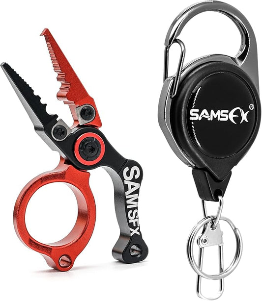 SAMSFX Mini Fishing Pliers with Fly Fishing Zinger Retractor, Fish Hook Remover Tool, Split Ring Pliers for Saltwater & Freshwater, Tungsten Carbide Cutters, Fishing Gear Gift for Anglers