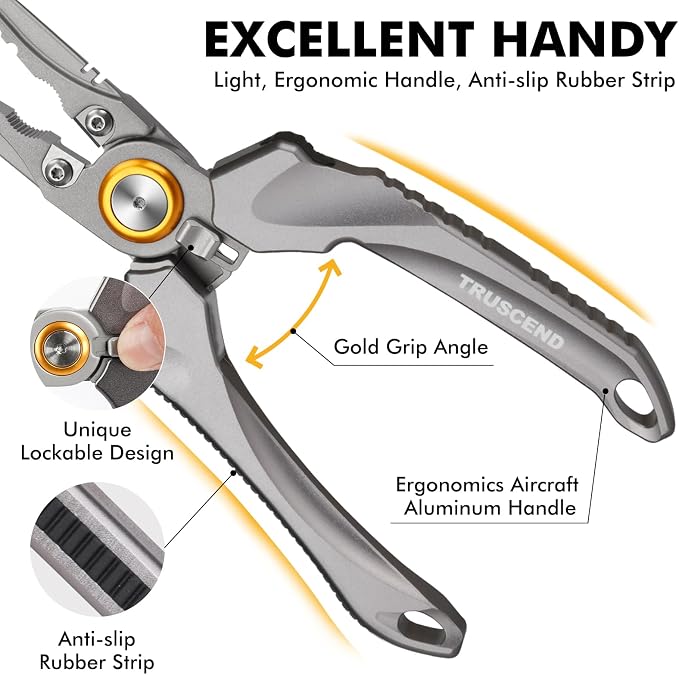 TRUSCEND Easy Use Lockable Fishing Pliers with Tungsten Carbide Cutter, Innovative Ergonomic Handy Handle, Saltwater Corrosion Resistant Teflon Coated Fishing Tool, Light Multi-Function Fishing Gear