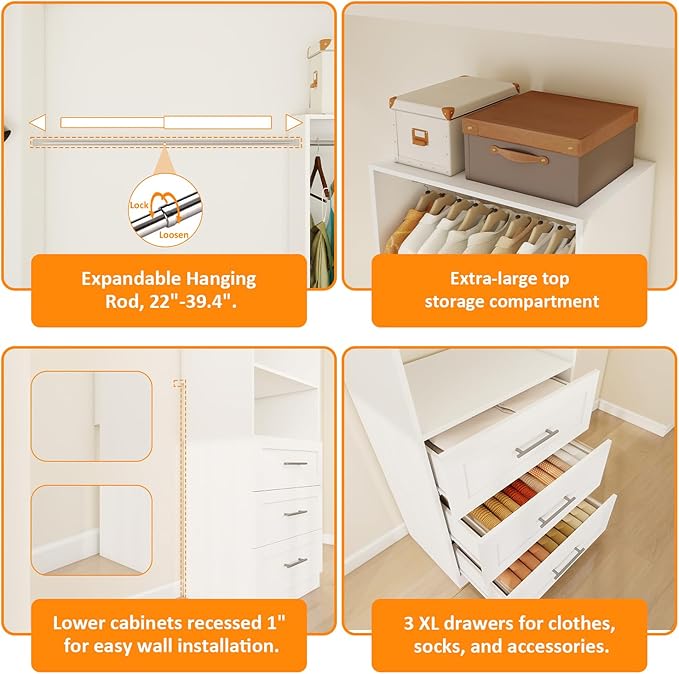 Closet System with Wooden Drawers, 6FT Closet Organize System with Drawers & Hanging Rods &for Walk in Closets, 3PCS*24" Freestanding Closet System, White(6FT)
