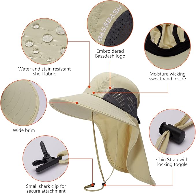 BASSDASH UPF 50+ Unisex Water Resistant Wide Brim Sun Hat with Large Neck Flap Ponytail Fishing Hat for Men Women