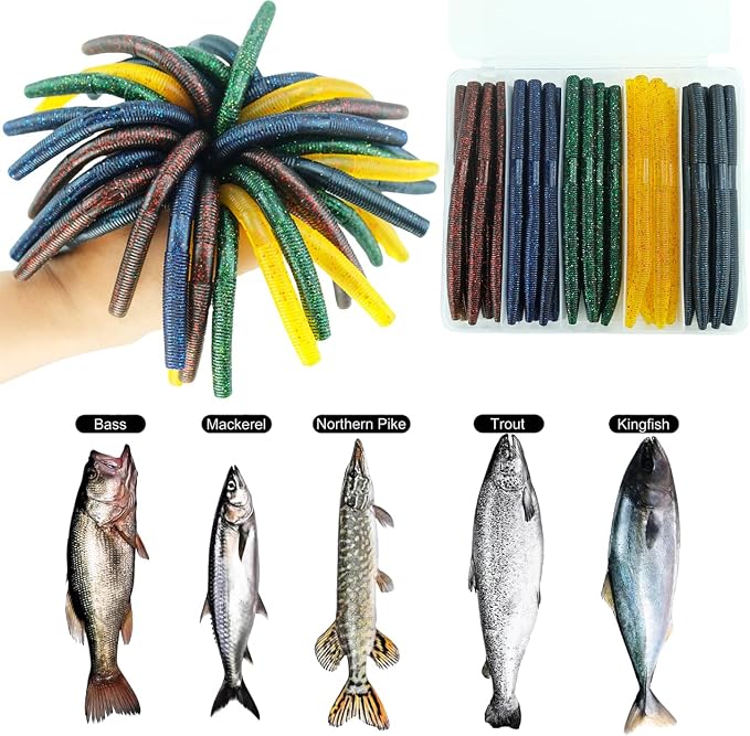 Senko Worms for Bass Fishing: 40PCS 5.5" Wacky Worm Lures Kit with Box | Senkos Soft Plastic Baits for Freshwater Saltwater | Slow-Fluttering Action