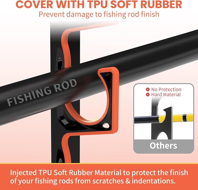 Gocozer Fishing Rod Holder for Garage, H5 Wall or Ceiling Mounted Fishing Pole Holders with Soft Protective Pad, Fishing Rod Storage Organizer, Horizontal Fishing Rod Wall Mount Nets Storage (4 PACK)