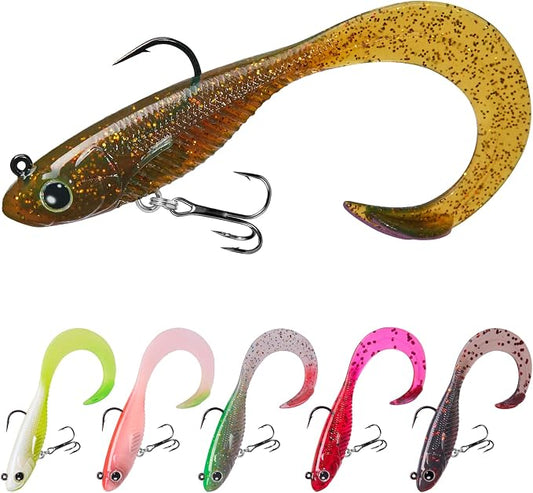 TRUSCEND Duramax Pre-Rigged Fishing Lures with BKK Jig Hooks, 10X Tear-Resistant TPE Soft Swimbaits for Bass Striper Trout Crappie Walleye Grouper, Lifelike Fishing Baits for Saltwater and Freshwater