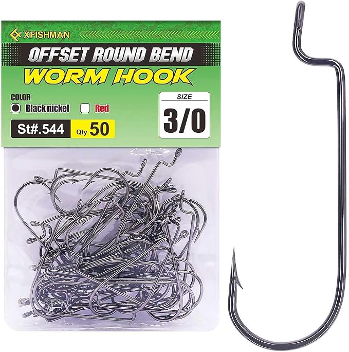 Offset-Worm-Hooks-for-Bass-Fishing-Round Bend Plastic Worms Texas Rig Hook Black Red 1/0 2/0 3/0 4/0