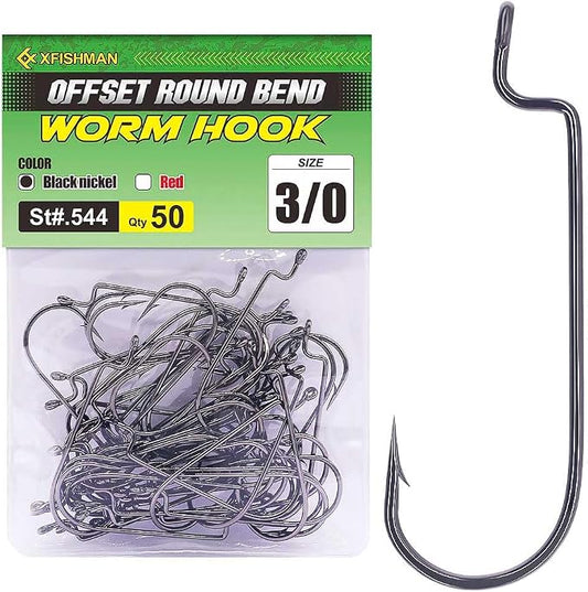 Offset-Worm-Hooks-for-Bass-Fishing-Round Bend Plastic Worms Texas Rig Hook Black Red 1/0 2/0 3/0 4/0