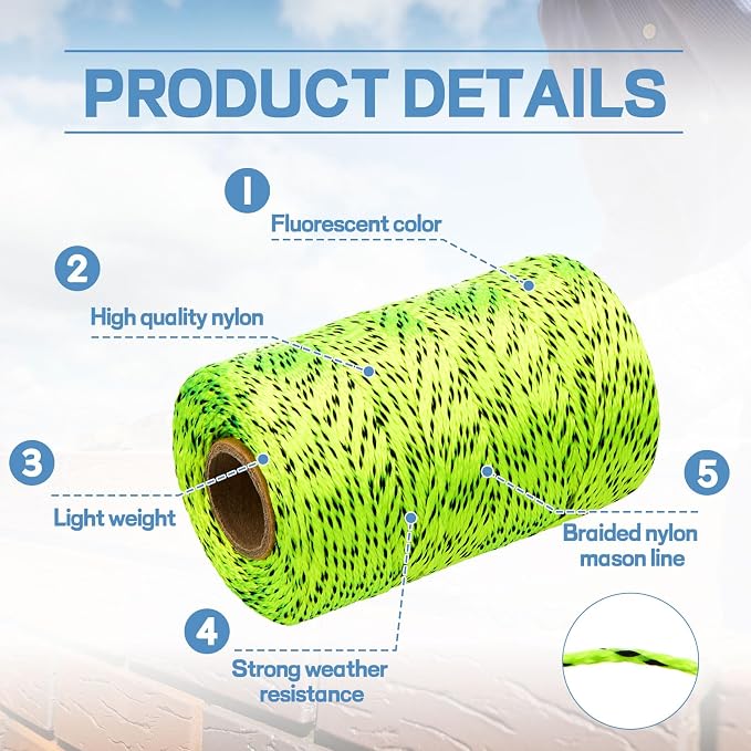 Amylove 6 Roll Mason String Line #18, 500 ft Nylon Braided Construction String Line, Heavy Duty Outdoor Twine Rope for Gardening or Masonry Tools Construction DIY Project, Fluorescent Yellow Black