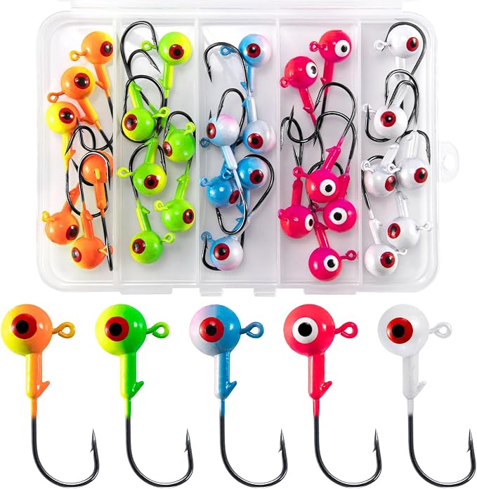 Alwonder 30-Pack Fishing Jig Heads, Round Ball Crappie Jig Head with 3D Eyes, Jigs Heads for Bass Fishing Trout Crappie Panfish Walleye, 1/32-1/2oz Live Soft Bait Ice Fishing Hook Freshwater Saltwater