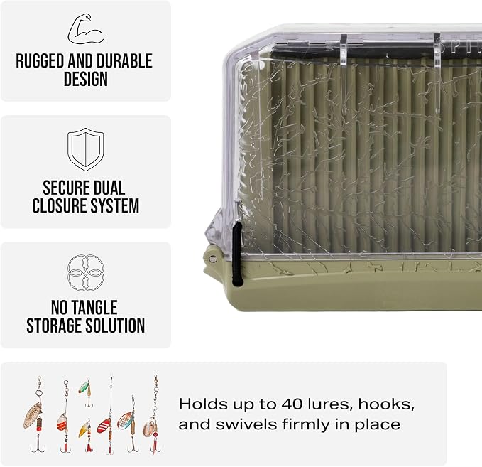 Rollercam SpinnerBox Compact tackle storage box – Holds Up to 40 Lures – Magnetic + Snap Lock – Clear Lid tackle box organizer for Spinners, Spoons & Small Baits – Durable small tackle box for Fishing