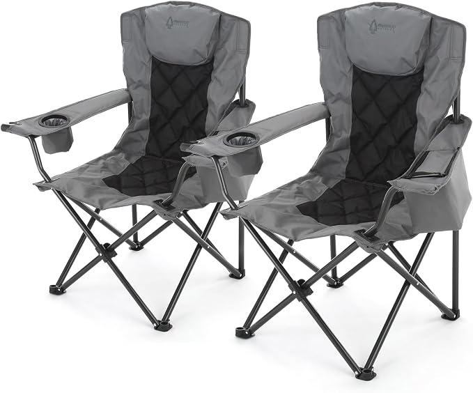 ARROWHEAD OUTDOOR 2-Pack Portable Deluxe Folding Camp Quad Chair w/Headrest, Glass & Cup Holders, Armest 6-can Cooler, Heavy Duty Carry Bag, 550 lbs Weight Capacity