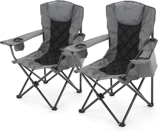 ARROWHEAD OUTDOOR 2-Pack Portable Deluxe Folding Camp Quad Chair w/Headrest, Glass & Cup Holders, Armest 6-can Cooler, Heavy Duty Carry Bag, 550 lbs Weight Capacity