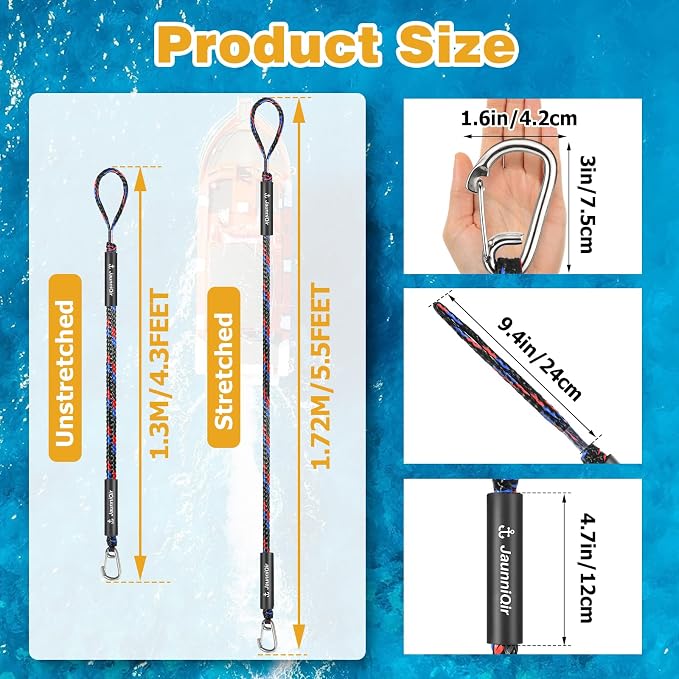 JaunniQir Bungee Dock Lines for Boats 4.3 Feet, 2 Pack Dock Lines with 316 Stainless Clips for PWC, Jet Ski, Kayak, Watercraft, Pontoon, Shock Absorbing Tie Off Downs Boat Mooring Ropes Accessories