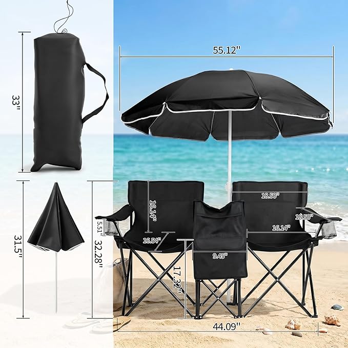 XL Double Folding Camping Chair with Removable Umbrella, Heavy Duty 480lbs Capacity Portable Love Seat with Cooler Bag, Cup Holders & Side Pocket for Beach, Fishing, Picnic, Black