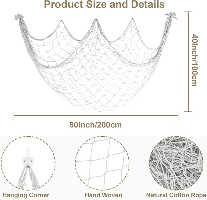 2 Pack Decoractive Fishing Net 80x40 Inch, 3mm Off White Natural Cotton Large Picture Wall Hanging Fish Net, Halloween Party Decorations Fishnet for Tropical Nautical Pirate Beach Mermaid Themed Party