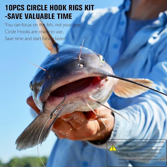 Dovesun 10PCS Pre-Rigged Catfish Rig Circle/Octopus Hooks Rigs for Catfish Offset Circle Fishing Hooks for Saltwater Freshwater 2/0 3/0 4/0 5/0 6/0 7/0 8/0 10/0