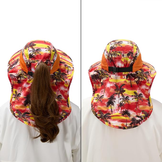 BASSDASH UPF 50+ Unisex Water Resistant Wide Brim Sun Hat with Large Neck Flap Ponytail Fishing Hat for Men Women