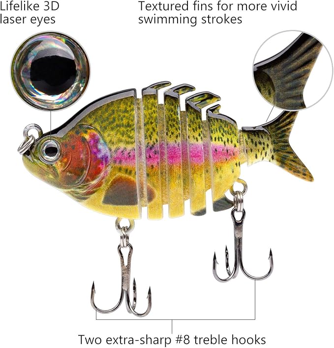 Bassdash SwimPanfish 0.34oz Hard Swimbaits Multi Jointed Topwater Trout Bass Fishing Crank Lure for Freshwater and Saltwater