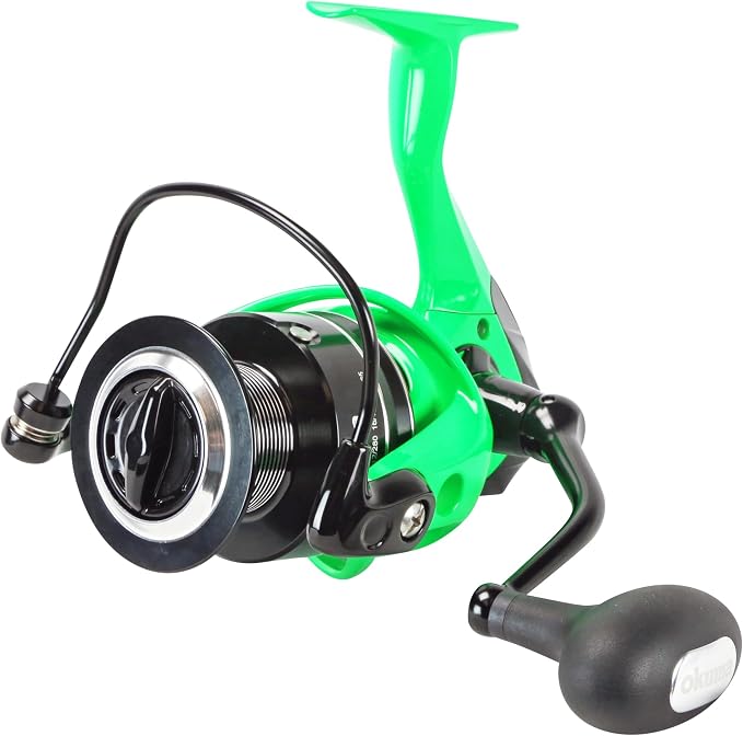 Okuma Cat Slayer Custom Spinning Reel – 6000 Size Catfish Reel with DFD Dual Force Drag, Flite Drive System, UV Reactive Body, Neon Green, CSC-6000NG