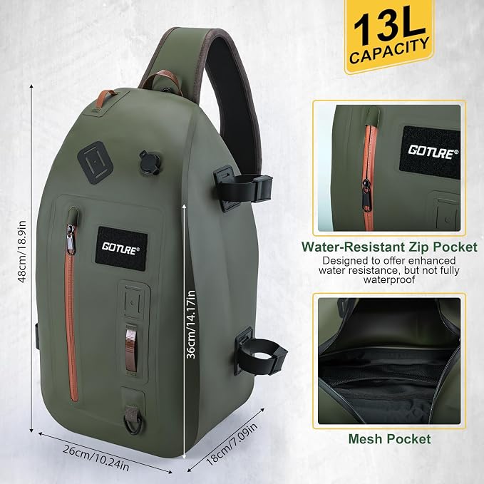 Goture Waterproof Fly Fishing Sling Pack,IPX8 840D TPU Fishing Sling Bag Gear Storage,13L Tackle Backpack with Rod Holder,Airtight Zipper,Exhaust Valve,Adjustable Strap,Wader Bag Included,Gift for Men