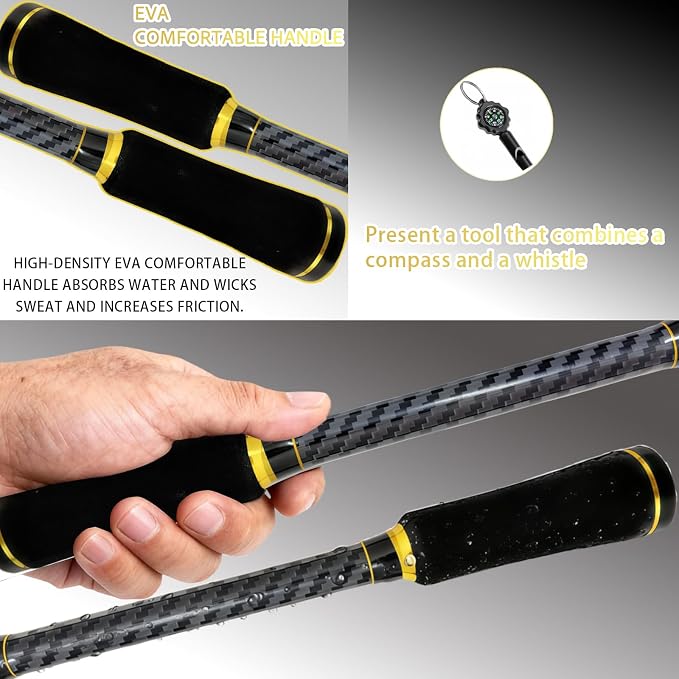 24-Ton Carbon & Fiberglass Spinning/Casting Rod, Lightweight 2-Piece Sensitive Fishing Rod with Ceramic Guides & Split-Grip Handle for Bass, Trout, Pike